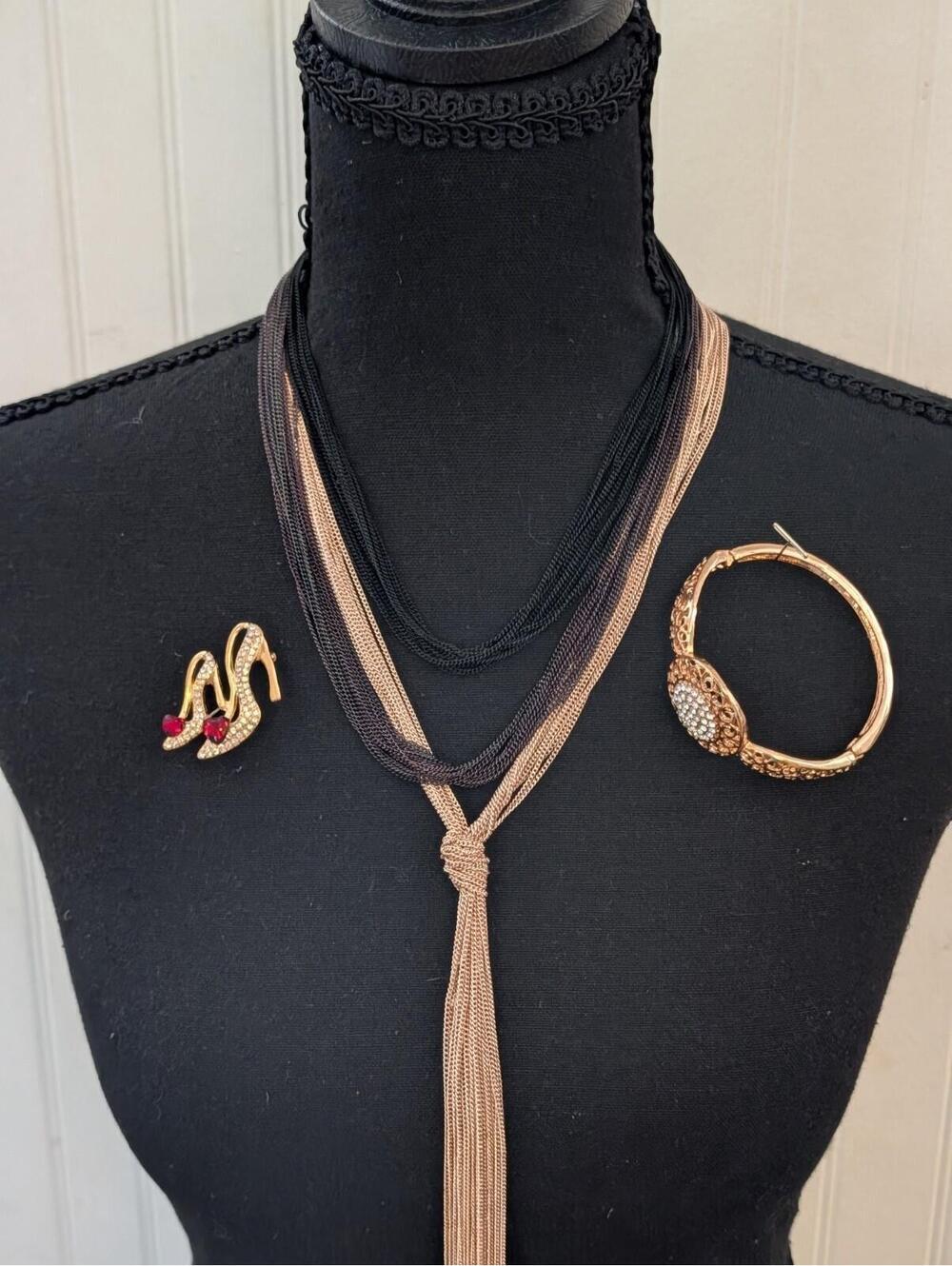 2000's Glamour Lot Of 3,  Rhinestone Brooch , Bracelet and fine chain necklace.